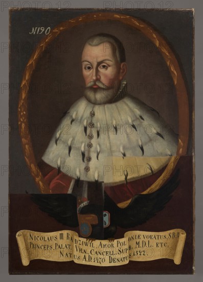 Portrait of Nicholas III Radziwill known as Amor Poloniae ca. 1470–1521, unknown Polish painter. Oval portrait with a laurel wreath incorporated into the rectangle of the painting. Within the oval: bust, turned three-quarters to the left, of a grey-haired man with short hair, beard and mustache, wearing a red coat with a wide ermine fur collar fastened with six rosette-shaped buttons. Background in the oval is plain pink-grey. In the upper left corner in white paint: N 190. Oval portrait rests on the back of a black eagle with spread wings, a princely mitre on its head and the Traby coat of arms on its chest. In its beak the eagle holds an illegible coat of arms three vertical signs on a blue field; in its talons a white ribbon with a Latin inscription. Background of the composition is gray-blue, smooth, becoming brownish-reddish in the lower part where 19th-century repaintings remain. Dated 1733–1737; painting; height 103 cm, width 81.5 cm., A painted portrait of a man shown from the ...