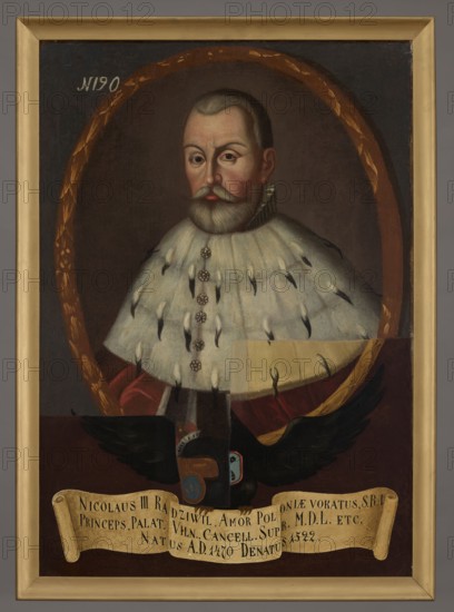 Portrait of Nicholas III Radziwill known as Amor Poloniae ca. 1470–1521, unknown Polish painter. Oval portrait with a laurel wreath incorporated into the rectangle of the painting. Within the oval: bust turned 3/4 to the left of a grey-haired man with short hair, beard and mustache, wearing a red coat with a wide ermine fur collar fastened with six rosette buttons. Background in the oval is pink-grey, plain. In the upper left corner in white paint: N 190. Oval portrait rests on the back of a black eagle with spread wings, a princely mitre on its head and the Traby coat of arms on its chest. In its beak the eagle holds an illegible coat of arms three vertical signs on a blue field; in its talons a white ribbon with a Latin inscription. Background of the composition is gray-blue, smooth; lower part where 19th-century repaintings remain brownish-reddish, smooth. Dated 1733–1737. Painting, 103 × 81.5 cm., A painted portrait of a man shown from the chest up within an oval frame, wearing a w...
