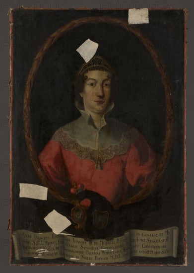 Portrait of Anna Hanna née Radziwill I née Kiszkowa, II née Sadowska, unknown Polish painter. Oval portrait in a laurel wreath incorporated into the rectangular surface of the picture. In the oval: shown in half-length, torso straight, facing slightly right; a young woman with an elongated face with a double chin, dark brown hair with fringe and two curls at the temples, wearing a triangular diadem; red dress with a tight bodice and a white yoke trimmed with a lace ruffle. Background in the oval brown, outside it dark brown. The oval rests on the back of a black eagle with spread wings, wearing a princely mitre, the Traby coat of arms on its chest, and an unspecified coat of arms a horseshoe with its arms up, with a cross within it, possibly Jastrzebiec in its beak. In its talons it holds a white ribbon with a Latin inscription; the ribbon and inscription were added later than the painting. On the top right of the composition, a washed-out inscription: N 151. Dated before 1758. Paintin...