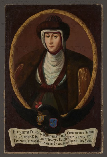 Portrait of Elzbieta Sapiezyna, née Radziwill 1583–1611, unknown Polish painter. Oval portrait in a laurel wreath incorporated into a rectangular picture surface. In the oval: a middle-aged woman, half-length, turned slightly to the left, wearing clothing reminiscent of the fashion of circa 1650: a fur cap over two bonnets one white, one black, a white underskirt covering her neck, a high-waisted brown-green dress decorated with a burgundy ribbon suspended from the shoulders with a bow at the hem, and a light yellow coat lined with dark brown fur with a large collar. She has an elongated face with pronounced arches in the eyebrows, almond-shaped eyes, and a straight nose. The oval background is light brown and smooth. The oval portrait rests on the back of a black eagle with spread wings, wearing a princely mitre, with the Traby coat of arms on its chest and the Lis Sapieha coat of arms in its beak; in its talons it holds a white ribbon with a black, three-line Latin inscription. On th...