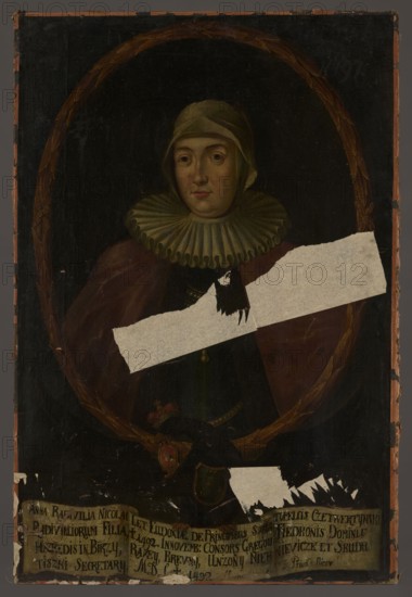 Portrait of Anna Fiedkonisowa, née Radziwill ?-1492, unknown Polish painter. Portrait of a woman, in bust surrounded by an oval laurel wreath inscribed in the rectangular plane of the painting. In the oval: a woman, shown almost in half-length, turned slightly to the left, wearing a white bonnet resembling a hat with the brim rolled up over the forehead, a white, densely ribbed ruff, a dark green dress, and a brown coat draped over her shoulders. Gold chains and pearls are on her chest this fragment is covered with tissue paper, and a pearl belt at her waist. A wreath rests on the back of a black eagle with spread wings, wearing a princely mitre on her head, with the Traby coat of arms on her chest and the Pogon coat of arms of Czetwertynska, the portrayed mother in its beak. In its talons, the eagle holds a white ribbon with a four-line Latin inscription. The background of the portrait is dark brown, the background outside the oval is black. Inscribed upper right in black paint: N 197...