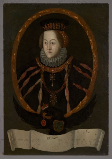 Portrait of Elzbieta Radziwill, née Szydlowiecka 1533–1562, unknown Polish painter. Oval portrait in a laurel wreath incorporated into the rectangle of the painting. In the oval: a young woman shown waist-deep, turned slightly to the left, in late Renaissance clothing: a brown beret and pearl-studded headband, a black dress with puffed sleeves decorated with longitudinal slits revealing pale red fabric, a white ruff under the chin, a wide gold necklace set with stones, a square pendant with a pearl, and a decorative cross on a chain. The face is pale, slender, with a high forehead and regular features. Red-blond hair is smoothly parted back, covering the ears and tucked into a headband. The oval background is dark brown and smooth. The oval rests on the back of a black eagle with a ducal mitre on its head, the Traby coat of arms on its chest, and the Odrowaz Szydlowiecki coat of arms in its beak. In its talons the eagle holds a white ribbon with the remains of an old inscription. The c...