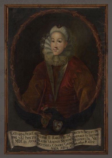 Portrait of Katarzyna Hlebowicz, née Radziwill 1613–1672, unknown Polish painter. Oval portrait with a laurel wreath inscribed within the painting's rectangle. Within the oval: half-length, turned three-quarters to the left, a slender grey-haired lady in costume of the early 17th century: a white ruff raised from behind under the chin, a red dress with a wide bodice, front slit with white lapels, sleeves decorated with triangular teeth on the shoulders, a yellow and red underskirt with wide floral-patterned sleeves fastened with a row of small buttons. In the hair: an oval jewel on the crown and a headband of precious stones. Dark gray, plain oval background. Portrait leans on the back of a black eagle with spread wings, wearing a ducal mitre, with the Traby coat of arms on its chest and the Dabrowa Kiszków coat of arms in its beak. In its claws it holds a white ribbon with a four-line Latin inscription in capital black letters. In the lower corner in white paint: N 200. Date: 1733–173...