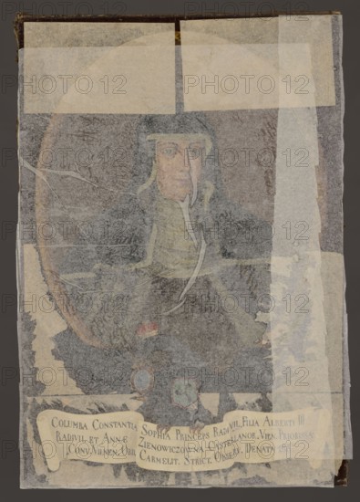 Portrait of Konstancja Zofia Radziwillówna 1635–1687, unknown Polish painter. Oval portrait surrounded by a laurel wreath inscribed in the rectangle of the painting. In the oval: straight bust, face slightly to the right, a young, stout woman in a nun's habit — dark brown habit, white undergarment covering the neck, white robe over the shoulders, and a black veil trimmed with white ribbon. Background in the oval is brown and smooth. The oval rests on the back and outstretched wings of a black eagle with a ducal mitre on its head and the Trumpet coat of arms on its chest. The eagle holds an empty heraldic shield with a blue field in its beak and a white ribbon with a three-line Latin inscription in its talons. Background of the image is black and smooth. Dated 1733–1737. Oil painting, 106 cm × 73 cm., A worn rectangular sheet with a faded portrait of a person centered within an oval frame, the person wearing a dark hooded garment with lighter trim and a pale face visible; the portrait s...