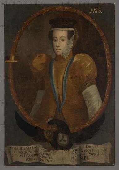 Portrait of Zofia née Radziwill post 1582–1613, 1733–1737. Oval portrait in a laurel wreath inscribed in the rectangle of the painting. Within the oval: half-length, turned three-quarters to the left, a young slender woman with dark hair visible at the temples from under a parted white bonnet, over which a dark beret is worn; wearing a yellow bell-shaped dress with a high collar and puffy short sleeves, a white shirt beneath, and a densely ribbed ruff with raised edges at the neck. A dark blue ribbon on the chest. Brownish background, smooth. The face is slim with a high forehead, almond-shaped eyes, a narrow nose, and a small mouth. The oval portrait is supported by a black eagle with spread wings, wearing a princely mitre, bearing the Traby coat of arms on its chest and the Leliwa coat of arms in its beak. In its talons it holds a white ribbon with a Latin inscription. Steel-gray smooth background for the compositional field. Inscription in white paint upper right: N 183. Dimensions:...