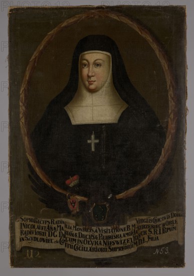 Portrait of Zofia Radziwillówna post 1672–post 1690, Visitationist nun, unknown Polish painter. Oval portrait surrounded by a laurel wreath inscribed within the image rectangle. Within the oval: half-length, turned slightly to the left, a nun in a black habit and a black veil worn over a white bonnet, close-fitting to the head, and in front with a plastron covering the neck. Oval, plump face with regular features. Around the neck is a cross with the IHS monogram. The background in the oval is gray-brown, smooth. The portrait rests on the back and outstretched wings of a black eagle with a princely mitre on its head and the Traby coat of arms on its chest. In its beak the eagle holds the Jastrzebiec coat of arms, and in its talons a white ribbon with a four-line Latin inscription identifying the portrayed person. The background outside the oval is gray-brown, a shade lighter than in the portrait. In the lower left corner, in white paint: 112, in the right: N 53. Dated 1733–1737. Oil on ...