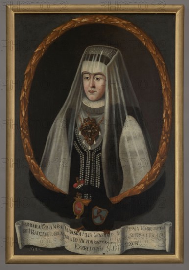 Portrait of Barbara Radziwill née Koly Wolska ?-1550, mother of Barbara Radziwill, unknown Polish painter. Oval portrait in a laurel wreath incorporated into the painting's rectangle. Within the oval: half-length, turned slightly to the left, a woman in a white bonnet with a flowing white veil, in a sleeveless black dress and a white shirt with a ruff. On the bodice is a huge pendant in a multi-leaf shape, decorated with stones and pearls, and four double strings of pearls. The face is elongated with prominent eyebrows and a long nose. The background of the portrait is brown and smooth. The portrait rests on the back of a black eagle with spread wings, with a princely mitre on its head and the Traby coat of arms on its chest. In its beak it holds the Junosza coat of arms, and in its talons a white ribbon with a Latin inscription. The background of the composition is gray-blue and smooth. At the bottom left, an inscription in white paint: N 100, partially washed out. 1733–1737; oil pain...