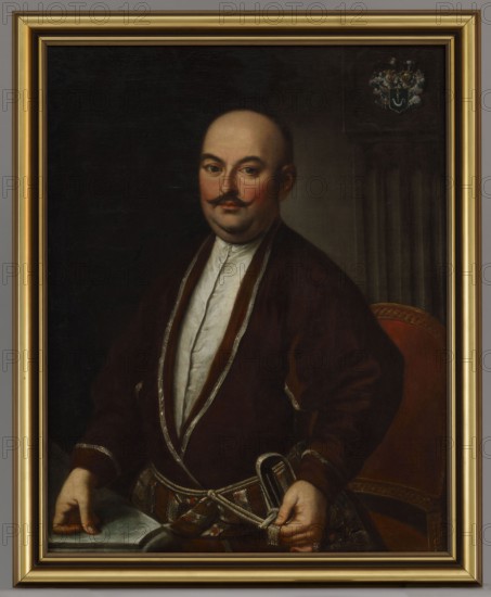 Portrait of Jan Konopka ?- ca. 1804, lessee of the Wieliczka salt mines. Painter: Michal Aleksander Buchmeyer fl. ca. 1800. Oil on canvas, 1780. Height 93 cm, width 73.5 cm. Standing, shown up to the hips, turned three-quarters to the left, looking at the viewer grey eyes; right hand resting on the tabletop, left hand on the hilt of a karabela at his waist. Depicted as a portly, ca. 50-year-old nobleman, almost bald, with dark eyebrows and a curled mustache. Wearing the uniform of the Kraków voivodeship: a white zupan and a dark red kontusz with a deep late-18th-century neckline trimmed with shiny silver ribbon, girded with a patterned sash of alternating brown and silver floral motifs. Smooth brownish background, slightly lighter around the face. At the top right is the Nowina Konopka coat of arms with rich matte borders; the field appears dark green, almost black originally should be blue. On the reverse, the artist's signature in black paint: Michael Alexander Buchmeyer. | pinxit 17...