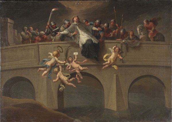 The Martyrdom of St. John of Nepomuk, Szymon Czechowicz 1689–1775, ca. 1750. Oil painting, 61 x 86.5 cm. At night, soldiers in Roman robes throw a young priest in a black cassock, white surplice, and a cape made of dormouse from a three-span stone bridge. Four putti float above the water, three holding keys, a laurel wreath, and a sealed letter; the last one points a finger to the sky. On the bridge, besides soldiers armed with pikes, two old men left and two young men right discuss the matter; one observes the martyrdom, another rides a horse. Executed in brown and grey tones; multi-figure martyrdom scene depicting St. John of Nepomuk., A painted scene shows a stone bridge spanning dark water under a cloudy sky, with a group of figures standing along the bridge parapet and several winged cherubs floating below. The central figure, wearing light grey and black garments, leans backward over the parapet with arms outstretched and is surrounded by men in metal helmets and varied colored c...