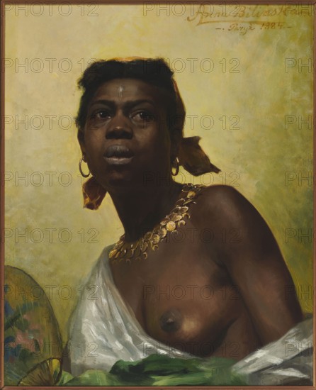 Black woman, Bilinska-Bohdanowiczowa, Anna 1854–1893 painter, jewelry, female semi-nudes, earrings, fans, necklaces, academism style, Académie Julian Paris; 1868–1907, women's emancipation, slavery, Polish painting, portraits, three-quarter portraits, female portraits, women's art, masterpiece, 1884, Paris, painting, height 63 cm, width 48.5 cm, A portrait of a dark-skinned person shown from the chest up against a pale yellow-green background, wearing a white draped cloth over one shoulder and a green cloth at the bottom edge, with a gold necklace made of circular elements and gold hoop earrings, a yellowish-brown headscarf tied at the back, short dark hair, and a small light mark on the forehead; the person has full lips, a contemplative upward gaze, and warm brown skin tones with highlights and shadows.