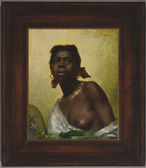 Black woman; Anna Bilinska-Bohdanowiczowa 1854–1893, painter; 1884, Paris; oil painting; academism; Académie Julian Paris; subject: female semi-nude portrait, three-quarter view, wearing earrings, fan, necklaces; themes: women's emancipation, slavery; Polish painting; height 63 cm, width 48.5 cm; masterpiece., A framed portrait of a dark-skinned woman shown from the chest up against a pale yellow-green background, wearing a white draped cloth and a green cloth at the bottom edge, with a gold necklace and hoop earrings, a yellow headscarf tied at the back with ends visible, short dark hair, and a neutral to serious facial expression; the frame is dark brown wood with layered molding and the painting includes warm brown, yellow, green, white, gold, and dark skin tones.