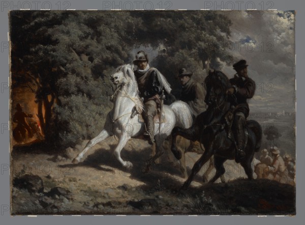 Escape of Henry of Valois from Poland, study; Artur Grottger 1837–1867, painter; 1860; painting; height 21 cm, width 29 cm, A dark, moody scene of riders on horses in a wooded area at dusk, with a prominent white horse ridden by a figure wearing a dark hat and cloak at the center, flanked by a darker horse and another horse partially visible behind them; the riders wear muted clothing in dark colors and appear focused forward. The background shows dense trees with deep greens and browns, and a glowing warm orange light among the trees on the left where a silhouetted figure stands near the glow. The ground in the foreground is a mix of earthy browns and grays with scattered rocks and patches of pale soil, and a distant gray-blue sky with cloud cover stretches across the upper right. A small group of lighter-toned figures is visible near the lower right, partly obscured, and the overall palette includes shades of black, white, gray, brown, green, and orange.
