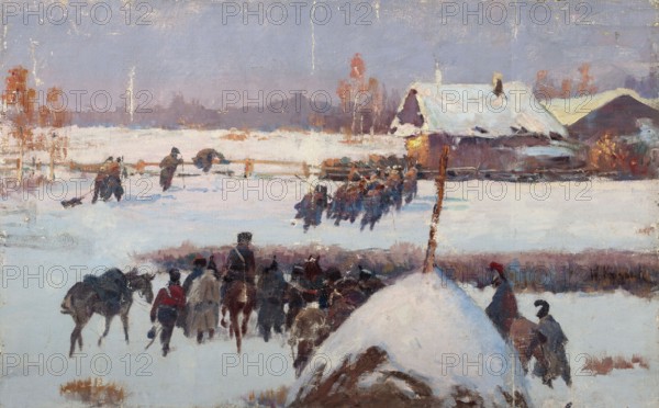 Escape of Henry of Valois from Poland, study; Grottger, Artur 1837–1867, painter; 1860; painting; height 21 cm, width 29 cm, A snowy landscape under a pale lavender-gray sky shows a group of people and horses moving across the snow toward a cluster of rustic buildings with steep, snow-covered roofs; the foreground includes a snow-covered mound and a tall wooden post, several figures on horseback and a few people on foot, and a row of people gathered farther back near a fence. Visible colors include white, lavender, gray, brown, muted red, ochre, blue, and touches of dark green and black.