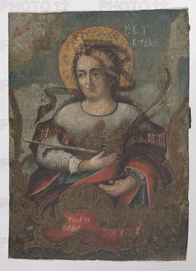 Icon: St. Barbara, Orthodox workshop. The icon depicts Saint Barbara knee-deep, frontally, with her head turned slightly to the left. She holds a sword and the palm of martyrdom in both hands. Barbara is dressed in a light blue dress with a red cloak falling from her shoulders. Her face is slightly rounded, her eyes bulging with large whites, and her lips small, vermilion. She wears a crown; her hair is adorned with flowers and a sash. Her head is surrounded by an ochre-colored halo. The saint is surrounded by palmette leaves, arranged in fleshy shapes. In the lower part is an irregular aedicula an intense red background—formerly with text. In the background, in the upper right corner, the outline of a building is visible. The blue sky is covered with light blue clouds. The composition and style show clear influences of iconography and Western European painting presentation, attributes, use of chiaroscuro. 18th century, possibly Ukraine or Russia. Icon; height 28.5 cm, width 20.0 cm., ...