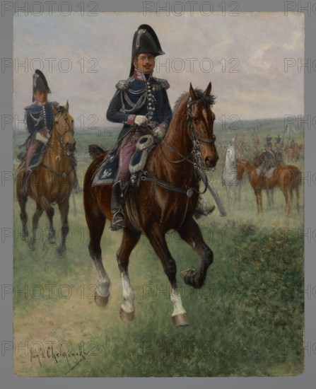 Adjutant Commander of the General Staff and his adjutant, Chelminski, Jan 1851–1925 painter, early 20th century, painting, height 27 cm, width 22 cm, A mounted rider in a dark uniform and a tall black hat sits astride a large brown horse with white markings on its lower legs; the rider wears gloves and decorative shoulder cords and has a sash and ornate saddlecloth in dark blue and reddish tones, while the horse has leather tack and a bit. Behind and to the left, another rider in a similar dark uniform on a lighter brown horse is visible, and in the hazy background a group of mounted figures and horses in muted browns and grays stand across a grassy plain beneath a pale, cloudy sky; the foreground shows green grass with patches of brown earth and some small yellowish flowers.
