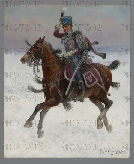 Adjutant of Prince Poniatowski, Chelminski, Jan 1851–1925 painter, early 20th century painting, height 27 cm, width 22 cm, war losses, gift, A mounted soldier in ornate uniform rides a brown horse across a snowy landscape; the soldier wears a blue hat with a white plume, a dark red coat with metallic braided chest armor, light gloves, and a fur shoulder piece, and holds the reins with one hand while the other touches his hat. The horse is brown with darker mane and tail, decorated with braided leather tack and tassels, and carries a deep red saddlecloth with decorative trim and an emblem-like shape. The snow is white and pale blue underfoot, and the sky above is a blend of pale blue, pink, and gray tones.