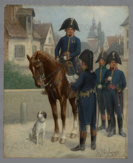 Chief surgeon and physician, pharmacist and surgeon 3rd class, Chelminski, Jan 1851–1925,  painter, early 20th century, painting, height 29 cm, width 23.5 cm, A painted scene shows a group of uniformed men and a horse standing on a paved area with buildings and a church tower in the background; the men wear dark blue coats with gold buttons and trim, tall black bicorn hats with gold detail, white gloves, and black boots, and one man sits astride a brown horse with a shiny coat and leather bridle while another stands beside the horse facing him holding a paper, with two other uniformed men standing together behind them; a white and gray dog sits on the ground near the horse’s front legs; the background buildings display muted tones of beige, tan, and brown with some green foliage, and the sky is pale blue and gray.