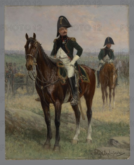 Colonel of infantry artillery, Chelminski, Jan 1851–1925 painter, early 20th century, painting, height 29 cm, width 23.5 cm, A man in a dark green military coat with gold epaulettes and white gloves sits astride a dark brown horse with a glossy coat and black mane, wearing riding tack and a decorative saddlecloth; he wears a tall black bicorn hat and white riding trousers with black boots and his expression is neutral. Behind them, another rider in a similar dark green coat and black hat sits on a lighter brown horse, and a group of mounted figures and troops are visible in the distant background. The scene includes grassy ground with patches of green and brown, a few rocks in the foreground, and a sky painted in muted tones of pale blue, gray, and soft pink. The overall palette features dark brown, black, green, white, gray, and muted pink.
