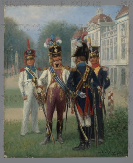 Drummer of the 13th regiment, drum major of the national guard, drum major and sergeant of the 1st infantry regiment; Chelminski, Jan 1851–1925 painter; early 20th century; painting; height 29 cm, width 23.5 cm, A group of uniformed men stand on a grassy area in front of a large pale building with many windows; the men wear ornate military dress with plumed hats, sashes, epaulettes, and swords, and one holds a drum. Visible colors include blue, white, red, purple, gold, black, brown, pink, yellow, and green. The background shows trees and a cloudy sky with muted blues and grays, and there is a path and a striped post near the building. The figures display a variety of facial hair and expressions, and the scene includes details such as boots, gloves, tassels, and metallic accoutrements.