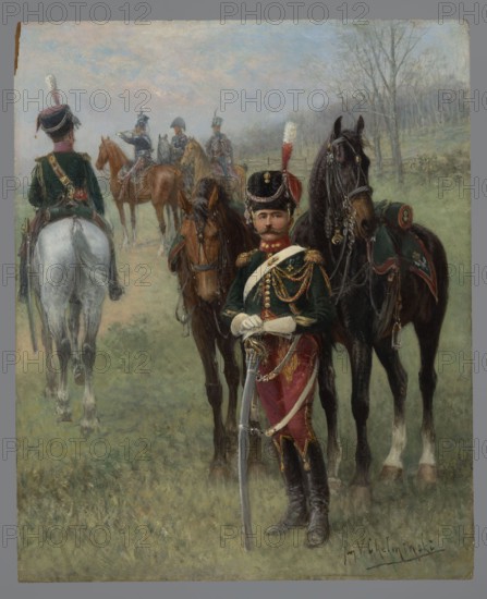 Gidy of Prince Poniatowski, Chelminski, Jan 1851–1925 painter, early 20th century, painting, height 27 cm, width 22 cm., A painted scene shows a group of mounted soldiers in a grassy outdoor setting with bare trees in the background; in the foreground a uniformed man stands holding a sword with a dark brown horse and a bay horse beside him and a gray horse visible from behind on the left, while behind them a group of mounted figures are gathered. The standing man wears a dark green coat with gold braiding, red trousers with decorative trim, white gloves, tall black boots, and a black hat topped with a white and red plume; the horses have bridles and ornamental tack in dark brown and green with gold accents. The landscape includes muted greens and browns in the grass, pale blues and grays in the sky, and soft earthy tones in the distant trees and figures.