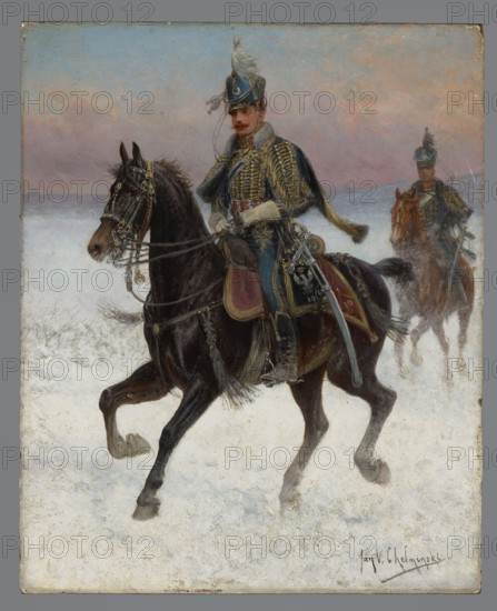 10th Hussar Regiment, Chelminski, Jan 1851–1925 painter, early 20th century, painting, height 29 cm, width 23.5 cm, A mounted soldier in a dark blue and gold uniform with a feathered hat rides a dark brown horse through a snowy landscape, the soldier wearing ornate braided details and a cape with red and gold accents, pale gloves, and a visible mustache; the horse has decorative tack with metallic fittings and a red saddlecloth, its legs raised as it moves through the snow. In the background a second rider in similar attire on a lighter brown horse follows, and the sky shows soft pastel hues of blue, pink, and gray above a distant snow-covered horizon. The scene includes a foreground of textured white snow with hints of gray and brown where the surface is disturbed.
