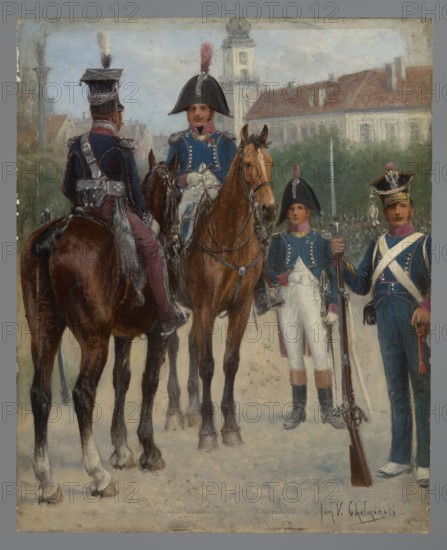 Brigadier General, Colonel, Officer and Veteran Soldiers, Chelminski, Jan 1851–1925 painter, early 20th century, painting, height 29 cm, width 23.5 cm, A group of uniformed soldiers and mounted cavalry in an outdoor urban setting, with a few horses in brown and chestnut tones and riders wearing dark blue coats with white and pink trim and black bicorn and shako hats topped with small white or pink plumes; one soldier stands holding a long musket with a wooden stock, while another stands in front of a horse wearing white trousers and dark boots; the background shows a pale blue sky, a distant pale building with a reddish-brown roof, and green foliage, with the ground appearing sandy beige and gray.