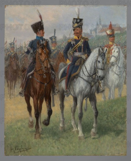 Adjutant of the division general, colonel and trumpeter of the 7th Uhlan Regiment, Chelminski, Jan 1851-1925 painter, early 20th century, painting, height 29 cm, width 23.5 cm, A painted scene showing a group of mounted soldiers in uniform on a grassy field, with a distant town or city on a hillside in the background; the foreground features two prominent riders on horses, one brown horse with a rider in a dark blue uniform and tall fur hat with a dark feather, and one light gray horse with a rider in a dark blue uniform with gold trim, a tall black helmet with a white plume, and a red sash; behind them are several other riders and horses in various positions, including a white horse with a rider wearing a red-topped helmet, and a group of figures and banners partially visible further back; the sky is pale with soft cloud tones, the grass shows shades of green and ochre, and the painting palette includes browns, grays, blues, reds, golds, and muted greens.