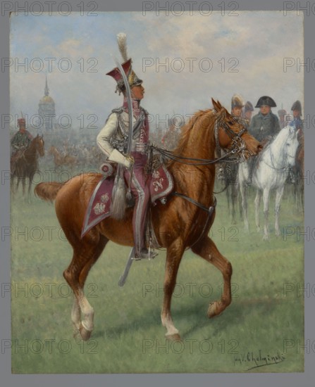 Officer of the Light Horse Guard Regiment in full dress, Chelminski, Jan 1851–1925, painter; early 20th century; painting; height 27 cm, width 22 cm; war losses., A mounted soldier in a uniform with white, burgundy, and silver elements sits astride a chestnut horse with a white sock on a hind leg; the soldier wears a plumed helmet with white and burgundy, a silver cuirass, and burgundy trousers with pale stripes, and holds a curved sword. The horse has rich brown and chestnut tones with darker mane and tail and leather tack with metallic fittings. In the background a group of mounted figures in darker uniforms and a white horse stand on a grassy field under a pale blue and gray sky with soft clouds, and a distant domed building appears in muted gray and ochre tones. Several other riders in varied dark and muted colors are faintly visible through a hazy atmosphere.