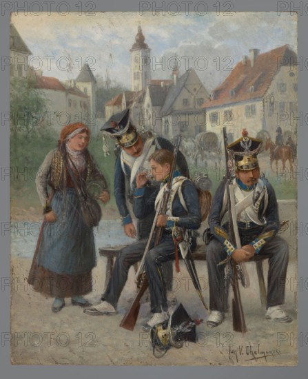 2nd Infantry Regiment, vivander and soldiers; Chelminski, Jan 1851–1925 painter; ; early 20th century; painting; height 29 cm, width 23.5 cm, A painted street scene shows a group of people in front of a village backdrop with pale blue and gray sky and light-colored buildings with reddish-brown roofs; in the foreground three men in dark blue military-style uniforms with white straps, gold and blue trim, and black peaked hats are seated on a bench holding long rifles, one hat lying on the ground; a woman wearing layered clothing in shades of brown, blue, and red with a red headscarf stands beside them holding a dish; the soldiers have light skin tones and varied facial hair, and carry backpacks and equipment in muted brown and gray; behind them a few horses and riders and a cluster of villagers are visible near the buildings, and there is greenery at the left edge with trees and bushes in shades of green.