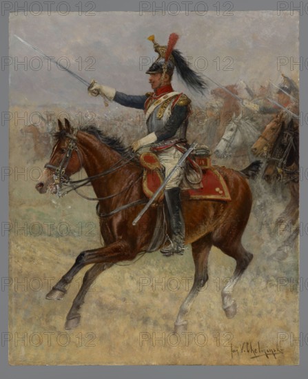 14th Cuirassier Regiment, Chelminski, Jan 1851–1925 painter, early 20th century, painting, height 29 cm, width 23.5 cm, A mounted soldier in a dark blue and gray uniform with red and gold accents sits astride a brown horse with a white snout and dark mane; the soldier wears a helmet with a red plume and black horsehair crest and holds a raised sword in one gloved hand while reins and a scabbard are visible, and a red saddlecloth with gold trim covers the horse; behind them a group of mounted figures and horses in muted brown, gray, and beige tones recedes into a hazy background, with dust or smoke in pale beige and gray surrounding the scene.
