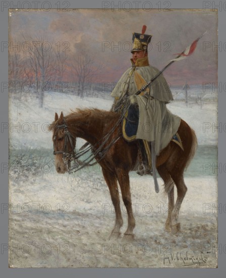 8th French-Polish Light Horse Regiment; Chelminski, Jan 1851–1925, painter; early 20th century; painting; height 29 cm, width 23.5 cm;, A mounted soldier in a pale cloak and a tall dark hat with a red plume sits astride a brown horse in a snowy landscape, holding a long pole with a small red and white banner; the horse has a bridle and reins and stands with its head lowered, showing brown and lighter brown tones in its coat and mane. The background shows a snow-covered field with leafless trees and a horizon under a gray and pink sky. Visible colors include white, brown, gray, pale yellow, dark blue, red, and pink.