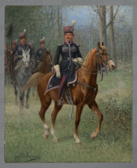 Krakusy, Chelminski, Jan 1851-1925 painter, early 20th century painting, height 27 cm, width 22 cm, A mounted man in a dark uniform with decorative elements and a tall hat with a plume sits astride a chestnut horse with a bridle and saddle; he wears light-colored gloves and dark boots and holds the reins. Behind him, a group of similarly dressed mounted figures on horses form a procession through a wooded area with tall bare and leafed trees and a soft grassy ground. The scene includes a palette of greens in the grass and trees, browns and chestnut tones in the horses, dark blue and black in the uniforms, touches of light beige and white in gloves and plumes, and hints of muted gray and pale blue in the distant background.