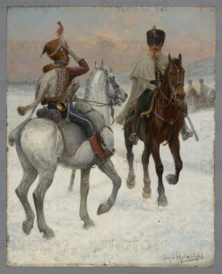 Trumpeter of the 13th Hussars Regiment; officer of the 1st Mounted Riflemen Regiment. Jan Chelminski 1851–1925, painter. Early 20th century painting, height 29 cm, width 23.5 cm., A winter scene showing a group of mounted soldiers in a snowy landscape, with two riders prominent in the foreground; one rider on a white horse wearing a fur-trimmed cape and a tall feathered hat in shades of brown and red, alongside dark blue and red clothing and brown boots, with a brass instrument and dark leather accessories attached to the saddle; the other rider on a brown horse wearing a light-colored cloak and a tall dark fur hat, with dark green and red accents on the uniform and metallic stirrups and tack; the ground is covered in white snow and the sky shows pale blues and pinkish-orange tones, with a faint group of additional mounted figures visible in the hazy background.