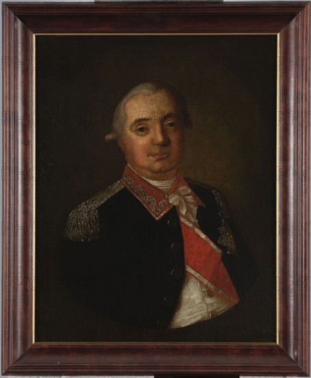 Portrait of General Jan Chrzciciel Komarzewski 1747–1810, unknown Polish painter. Shown in half-length, turned slightly to the right, head toward the viewer; wearing a small powdered wig with curls over the ears, a navy-blue general's uniform with a crimson collar, silver epaulettes, white vest, jabot and cravat, with the ribbon and star of the Order of St. Stanislaus awarded 1778. After 1778. Oil painting, Poland. Height 69 cm, width 54 cm. Subjects: generals, Freemasons; portraits of men; military uniforms; portraits in oval oval in rectangle., A framed oil portrait of a middle-aged person shown from the chest up wearing a dark coat with metallic shoulder epaulettes and decorative trim, a red sash across the torso, and a light-colored cravat tied at the neck; the face has a calm expression with light skin tones and powdered gray hair, and the background is a dark, muted brown. The frame is wooden with reddish-brown and gold accents. Colors visible include dark brown, reddish-brown, g...