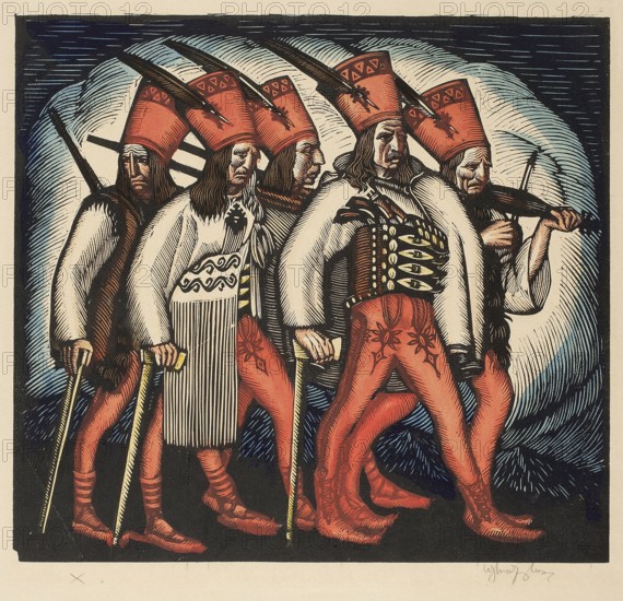 The Highwaymen's Parade I, Wladyslaw Skoczylas 1883–1934, 1919; graphic; height 28.5 cm, width 31 cm, A group of several figures stands closely together wearing tall red hats and red footwear, with long hair and solemn facial expressions; they wear light-colored cloaks and patterned garments with decorative motifs, and a few carry long dark staffs or instruments across their shoulders while some hold slender sticks; the background shows sweeping curved shapes in pale blue and cream with dark blue and black hatch marks, and the overall color palette includes red, white, cream, black, dark blue, pale blue, and touches of brown.