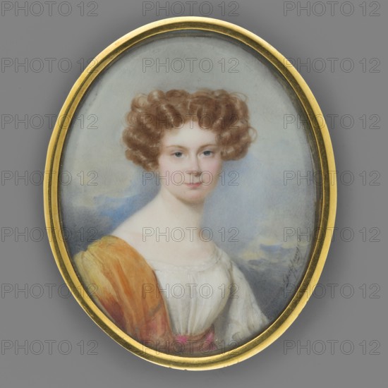 Aniela, née Morzkowski, Princess Aleksandrowa Radziwill, married 1829; painted by Moritz-Michael Daffinger 1790–1849. Biedermeier miniature Vienna, c.1830, 7.8 × 6.2 cm. Half-length, three-quarters to the right, head almost straight; blond hair curled and parted in the middle; wearing a white dress with a folk-style bodice, a ruffle at the neckline, a rose-patterned sash at the waist, and an ochre shawl on the shoulder. Sky with clouds in the background. Signed along the right edge. Inscription on the back: Aniela, née Morszkowski, the second wife of Prince Aleksander Radziwill, married in 1829, daughter of Józef Morszkowski and Konstancja Worcellówna, and mother of Prince Wilhelm Radziwill, died in 1848 in Moscow, buried in Annopol. Painted by Daffinger., An oval framed miniature portrait shows a young person with fair skin and curly light brown hair, a calm neutral expression, and light-colored eyes; they wear a white garment with a draped orange shawl and a hint of pink, set against...