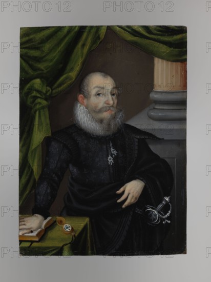 Portrait of Gotard Kettler, first Duke of Courland and Semigallia 1518/1571–1587, unknown artist, architecture, angels, three-quarter portrait, coats of arms, copy, male sitter, costume, interior, seated figure, foreign miniature, dated 1590–1616, miniature, height 13.8 cm, width 10.1 cm, A portrait of a man wearing a dark patterned outfit with a high white ruffled collar, a mustache and beard, and light skin tones; he stands beside a stone column and a draped green curtain, one hand resting on a table covered with green cloth and the other near a sword with a silver hilt, while a small round timepiece lies open on the table; visible colors include green, black, white, gray, beige, brown, silver, and flesh tones.
