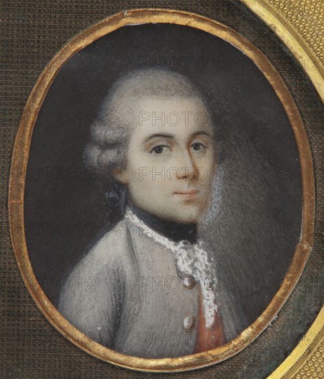 Double portrait of a woman and a man, unknown artist. Miniature, 1780. Woman: three-quarter bust, turned left; high wig with curls falling over the shoulders tied with a blue ribbon; dark-lined eyes, pale complexion; low-necked white dress with a blue bodice, white sleeves, blue on the upper arm. Background grey, lightened on the right near the face. Man: three-quarter bust, turned left; grey wig with curls above the ears and a ponytail; dark-lined eyes; grey tailcoat with steel buttons, white-vermilion waistcoat, black ribbon and white jabot at the neck. Background grey, lightened on the right. Frame: shared brass profiled frame decorated with die-cut small palmettes; miniatures mounted on olive-green velvet, edged with gold paper; formerly displayed in medallion format., A painted oval portrait of a young person with pale skin and powdered gray hair styled back, wearing a gray coat and a white lace cravat, set against a dark background and framed by a worn gold oval frame; visible co...