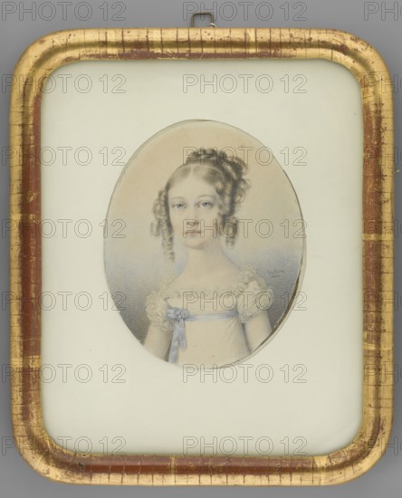 Natalia Sanguszkowa, née Potocka, as a girl 1807–1830, wife of Prince Roman Sanguszko deported to Siberia. Portrait by Johann Nepomuk Ender 1793–1854, 1825, Vienna. Miniature, 13.5 × 10.7 cm. Half-length, three-quarter left, head almost straight; blonde hair combed at the crown into a braided basket with angles on the sides. She wears a white Empire dress with a diamond neckline, ruffles, and a blue ribbon at the waist. Background: pinkish yellow at the top, bluish below. Frame: half-cylinder gilded wood on a plaster base, rectangle with rounded corners, white passe-partout. Inscription: Joh. Ender Vienn. Commentary: portrait miniature shows enlarged head and face relative to the body, exemplifying miniaturist proportions and Ender’s skill as a Viennese draughtsman and portraitist., A framed oval portrait of a young woman centered on a pale background, with a rounded rectangular frame that is gold with worn reddish-brown underlayer showing through and areas of crackled texture; the por...