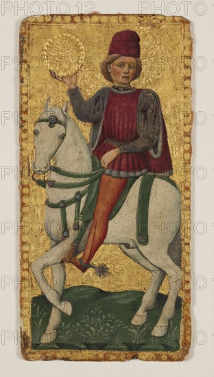 Tarocca Playing Card — Knight of Pentacles illuminated, unknown artist, Krzeszowice Lesser Poland Voivodeship, horses, costumes, men, foreign miniatures, 1450–1500, Italy Florence, illuminated, miniature; dimensions: height 17.0 cm, width 8.4 cm; overall: height 31.5 cm, width 38 cm, depth 1.5 cm, A painted figure of a person wearing a red hat, a red tunic, and a grayish cape sits astride a white horse with green tack; the person holds a round golden disk in one hand and has orange-colored leggings and brown shoes with spurs, the horse stands on a green grassy ground decorated with small plant motifs, and the background and border are richly gilded with textured gold patterns and circular gold dots, with visible wear and aged edges showing small areas of exposed underlying material.