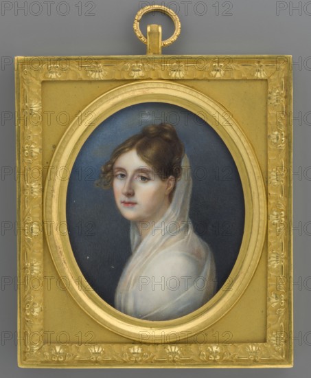Aniela Czartoryska en Vestale née Radziwill 1781–1808, Lampi, Jan Chrzciciel 1773–1837 ; young painter; unknown painter?. The reference to the strict customs of Roman women worshippers of the home emphasized the virtues of a good and faithful wife. The Duchess is depicted in a profile bust with her head turned three-quarters to the left against a neutral navy-blue background. Her dark blond hair, styled in the antique fashion, is covered with a transparent white veil over her shoulders and back, and her bustier, so-called vestal gown, is also white. This is a commemorative portrait highlighting her charming figure; her statuesque facial features, as if carved in marble, convey an otherworldly, antique-like element of eternity. 1800; miniature; height 8.4 cm, width 6.9 cm., A small oval portrait of a woman set within an ornate rectangular frame; the frame is gold with intricate floral and decorative relief around its border and a circular hanging ring at the top, and the inner oval mat ...