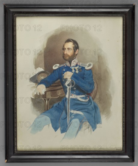Prince Edward of Saxe-Altenburg 1804–1852 in the uniform of a general of the Bavarian cavalry, painted by Ernst Wilhelm Rietschel 1824–1860, military portrait en trois-quarts, seated interior figure, wearing uniforms and orders including Order of the Saviour Greek, Bavarian Cross of the Auxiliary Corps, House Order of Hohenzollern December 1841, and Order of St. Hubert before 1844; inscribed bottom right: SA Edouard / Duc de Saxe-Altenbourg / M. 1521; dated 1842–1843; Germany; miniature; height 33.9 cm, width 27.0 cm., A framed portrait shows a seated man wearing a blue uniform with decorative shoulder epaulettes and metallic embellishments, holding a sword vertically with one hand while the other rests on a small wooden table. The man has dark hair and a beard and looks slightly to one side. Behind him are muted gray and brown background washes, and a dark hat rests on the table. The scene includes shades of blue, brown, gray, white, black, and tan, with the frame appearing dark brown...