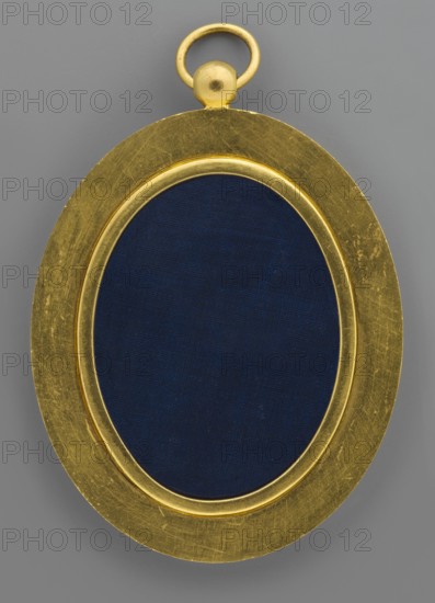 Urszula, Countess Michalowa Wandalin-Mniszchowa, née Zamoyska 1750–1808, unknown artist. Aristocracy, female portrait, three-quarter view. Bust almost straight, head slightly to the right. Powdered blonde hair combed up, falling in curls over her shoulders; navy blue bonnet with a brown fur rim trimmed with a diamond egret. Deep neckline, chemise with transparent lace. Navy blue dress trimmed with brown fur and braided details. Possibly Polish costume. Background gray. Miniature, ca. 1780; height 4.9 cm, width 3.8 cm. Frame: secondary from the first quarter of the 19th century, gilded bronze with a strip of sapphire enamel, double glazed., An oval object with a metallic gold frame surrounding a deep navy blue central area, the frame showing a worn, scratched texture and a rounded gold loop at the top, set against a flat gray background.