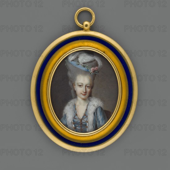 Portrait of Princess Teofila Strzezyslawa Sapiezyna née Jablonowska 1742–1816, wife of Prince Józef Sapieha. Miniature height 4.9 cm, width 4.1 cm, painted c. 1760, Strasbourg, France. Attributed creators: Johann Martin Weiss II 1738–1807 graphic artist, Antoni Lech Szretter 1830–1891 graphic artist, Marie-Cunegonde Huin fl. 1796–1801 author, Charles-Alexis Huin 1735–1796 painter. Depicts the duchess en face in a blue redingote reminiscent of Polish costume, powdered hair in a high chignon with a feathered egret headdress French fashion. Biographical and historical notes: Teofila, from the highest Polish aristocracy, well educated and politically engaged, participated with her husband in the Bar Confederation and later emigrated to Strasbourg; she kept a diary 1771–1775, poems, and correspondence, and records indicate she sat for portraitist Charles-Alexis Huin., An oval gold pendant with a blue enamel inner band contains a miniature painted portrait of a woman with pale skin and powde...