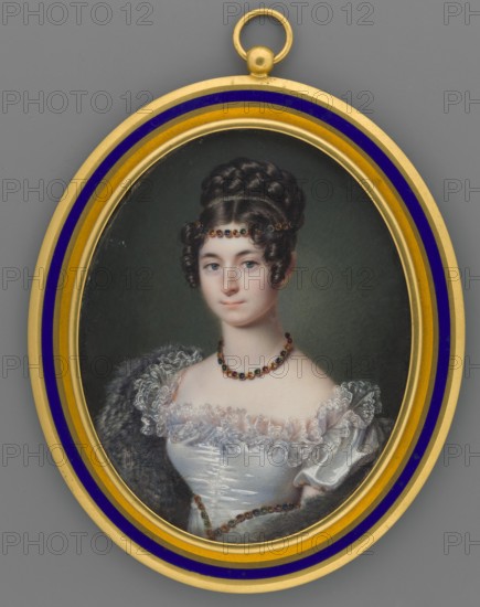 Portrait of Anna Czartoryska, née Sapieha, Princess Adamowa Czartoryska 1799–1864, artist, miniature, 1825, France. Bust slightly to the left; brown hair in spiral curls on both sides of the forehead with a crown braid. On the forehead a ferronnière of precious stones: rubies, emeralds, amethysts and pearls; the same necklace around the neck and waist. Wearing a dove-gray satin ball gown with a diamond neckline trimmed with a lace ruffle and an ash-gray stole on the shoulders. Background dark green, lightened on the right around the head. Frame gilt bronze with a strip of sapphire enamel. Dimensions: height 9.6 cm, width 7.7 cm. Subjects/tags: jewellery, aristocracy, women, female portrait, three-quarter portrait, costumes, hairstyles, dresses., An oval framed miniature portrait of a young person wearing a white dress with lace trim and a fur or dark textured wrap, set against a dark green background; the subject has dark brown hair styled in an updo with curls at the sides and a jewel...