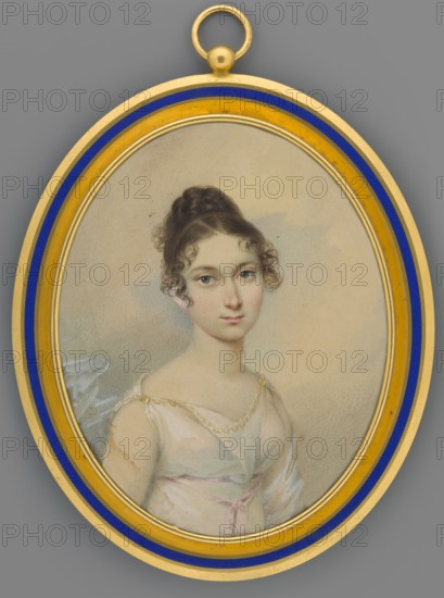 Portrait of Anna née Sapieha, Princess Czartoryska; painter: Stanislaw Marszalkiewicz 1789–1872. Three-quarter-length portrait to the right, head almost straight. Anna Czartoryska 1798/9–1864, daughter of Aleksander and Anna née Zamoyska, wife of Adam Jerzy Czartoryski from 1817. Brown hair styled in loose spiral curls at the temples and on both sides of the face; braided crown at the top. She wears a white gauze dress resembling a sleeveless Greek tunic, neckline decorated with a meander motif, a narrow lilac-pink ribbon loosely tied at the waist, and a white transparent scarf. Background: light bluish sky and clouds. Inscription/attributes: aristocracy, plants, women's portrait, women's portraits, portraits en three-quarts, dresses. Medium: miniature; height 12.2 cm, width 9.7 cm. Date: 1812. Place of origin: Poland. Frame: gilded bronze with a strip of sapphire enamel, double-sided glass frame., An oval framed portrait of a young woman set against a muted background, the frame is go...