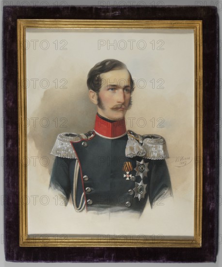 Prince Alexander von Hesse and bei Rhein 1823–1888 in the uniform of a major of the cavalry of the Russian Empire, founder of the Battenberg family, son of Grand Duke Ludwig II and Wilhelmine of Baden; painted by Hau, Woldemar Vladimir Ivanovich 1816–1895; male portrait to the waist, right; soldiers Russian uniform, fourragères, orders; orders and uniforms depicted: Order of St. Andrew the Apostle of the First Calling, Order of Louis, Order of St. George 4th class; dated 1847; origin Russia; miniature; height 22.5 cm, width 18.0 cm., A framed portrait of a man shown from the chest up wearing a dark uniform with a high red collar and decorative silver epaulettes, his hair dark brown and styled with sideburns and a mustache, his skin pale with subtle rosy cheeks, several metallic buttons and a group of medals and star-shaped decorations on his chest in silver and gold tones, a soft neutral background in beige and light gray, and the frame surrounding the image with a gold inner trim and ...