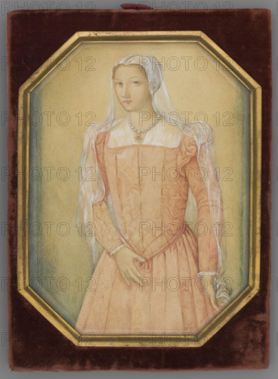 Portrait of Queen Bona after a watercolor miniature on parchment of the Flemish school, Atelier - A. Binant Paris; 1823-1937 Maison Binant, unknown painter. En face knee-length 3/4 left portrait of a woman/ruler. On her head is a bonnet with a brim, a pale red dress with puffed sleeves, a diamond neckline, a white chemise, and a pearl necklace. Background: yellow and green. Binding: octagonal half-cylinder of gilded brass with a crimson plush passe-partout. On the reverse: at the top the company label of the Parisian bookbinding workshop A. Binant / 7 rue Clery / Paris. Below is a label with a handwritten ink inscription: Królowa / Bona / Pour Iza. Pink label with inventory number 2297; below is a gold label with the black numeral 362. 1830, miniature, height 15.9 cm, width 11.8 cm., A framed portrait of a woman shown from the waist up wearing a pale pink dress with patterned fabric and puffed sleeves, a sheer white veil draped over her head and shoulders, and a pearl necklace with a p...