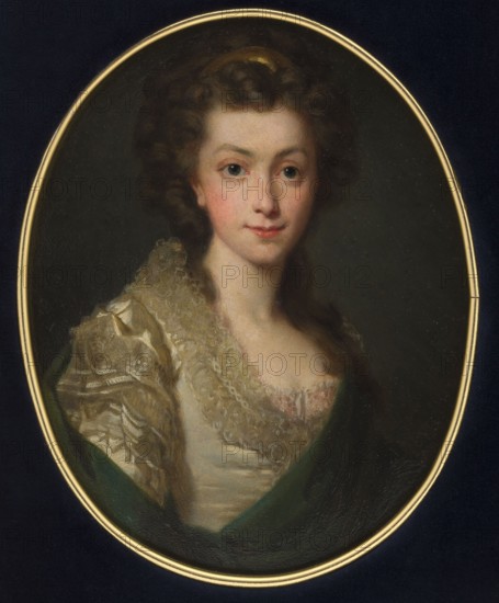 Portrait of Izabella Czartoryska, née Fleming 1746–1835, after a portrait by Alexandre Roslin from 1774; copy after Roslin Alexandre, 1718–1793. Waist-length portrait, bust 3/4 right. Young woman with dark powdered hair in curls, high hairstyle with a gold ribbon above the forehead; silver-yellow satin dress with foamy lace at the neckline and an emerald shawl draped on the shoulders. Dress details: bodice, shawl, ruffle at the neckline. Style: miniature on primed cardboard, c. 1775–1800, Poland. Background dark, slightly lighter around the head. Contemporary narrow oval brass frame in plush passe-partout. Dimensions: height 19.8 cm, width 16.2 cm., An oval portrait of a young person with pale skin and rosy cheeks set against a dark background, framed by a thin gold rim; they have brown, curly hair with a small gold band and wide dark eyes, a straight nose, and a slight closed-mouth smile; they wear a light-colored dress with a delicate lace neckline and a textured, shiny sleeve, parti...