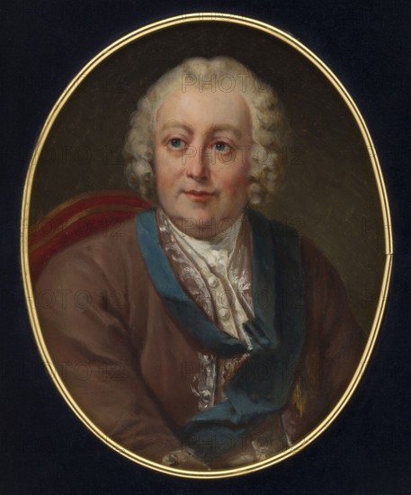 Portrait of Jan Jerzy Detloff Fleming 1699–1771, copy after an unknown image;, Subject: older man, waist-length men's portrait, three-quarter right, torso slightly to the right, head slightly to the left. Attire and attributes: small gray wig with curls, white cravat, cream waistcoat, light brown tailcoat with silver braiding, blue ribbon of the Order of the White Eagle order visible. Interior detail: back of an armchair dark background, lighter on the right; armchair backrest with gold piping. Style/format: copy, miniature. Inscription/decoration: orders Order of the White Eagle. Frame: contemporary narrow oval brass frame in a plush passe-partout, after 1800, Poland. Dimensions: height 19.8 cm, width 16.2 cm., An oval-framed painted portrait of a light-skinned person with powdered white hair styled in curls, wearing a brown coat and a blue sash draped across the chest, with a white lace cravat visible at the neck; the sitter has pale skin with rosy cheeks and light blue eyes and look...
